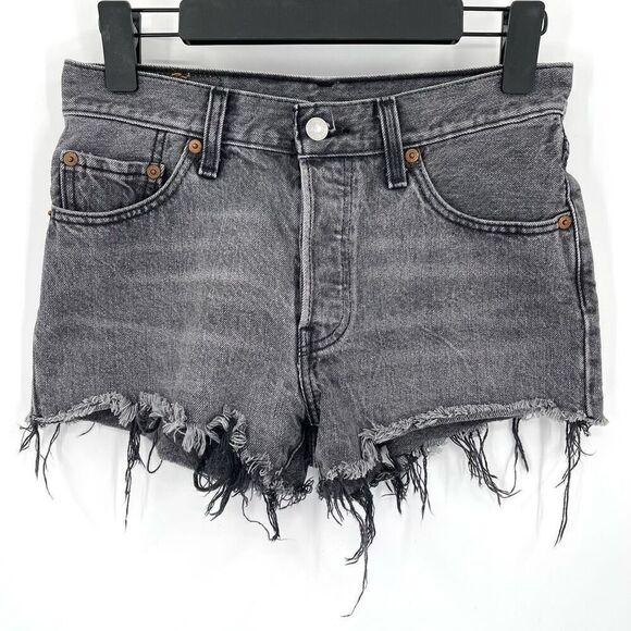 Levi's 501 Original Hidden Button Fly Cut Off Raw Hem Denim Shorts Grey Women 25 - Picture 1 of 7